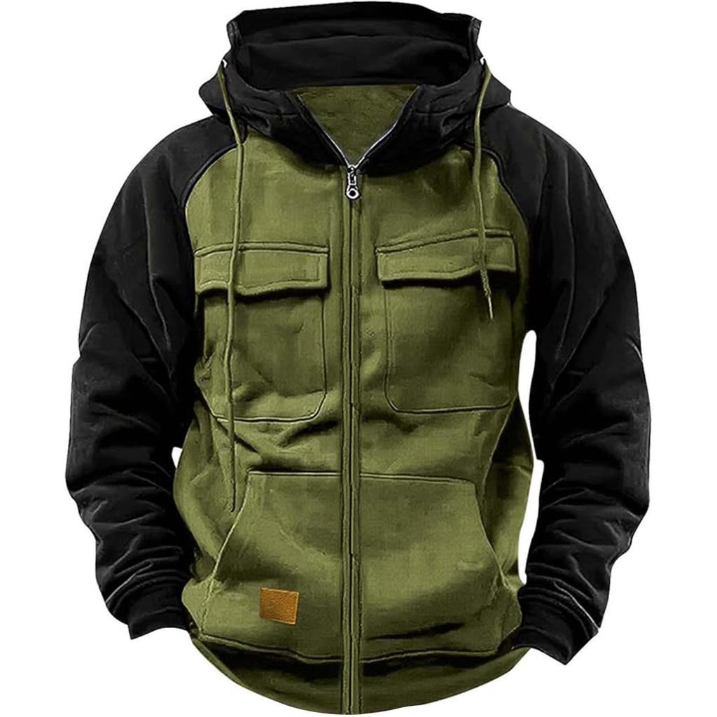 Men's Hooded Multi-Pocket Patchwork Sweatshirt - European & American Style, Spring/Autumn, Solid Color, Youth Sport Workwear