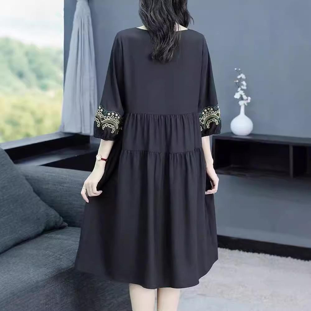 Vestido de Verano Étnico Bordado de Cuello Redondo - Costuras Retro Ajuste Holgado Slim para Tallas Grandes