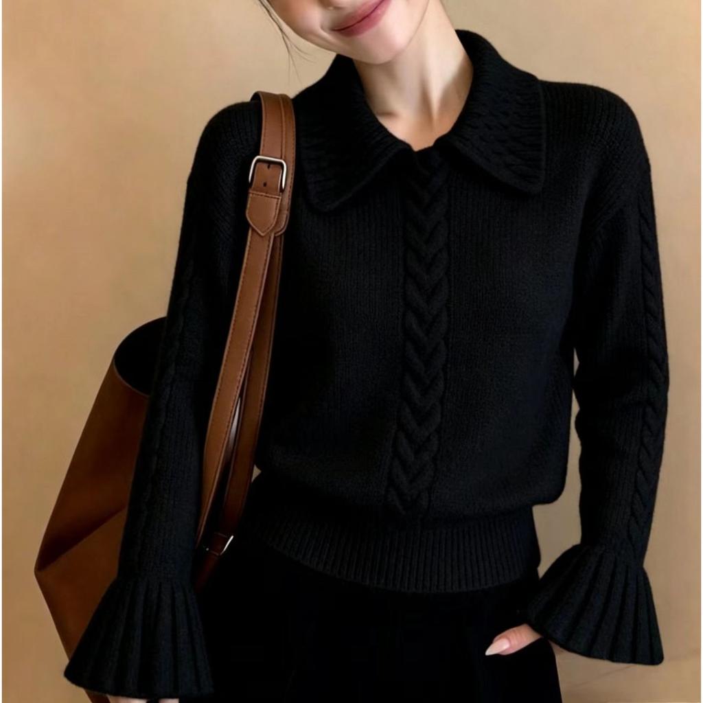 Gentle lapel knitted sweater autumn new women's pullover fashionable and elegant versatile sweater