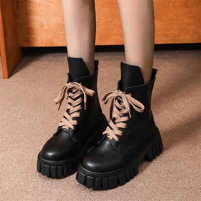 Modische Klobige Plateau Schwarze Stiefeletten Damen Herbst Winter PU Leder Kampfstiefel Damen Punk Dicke Sohle Schnürstiefel Motorradstiefel
