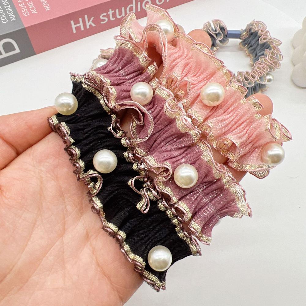 2PC European and American Lace Pearl High Elasticity Hair Ties for Women Girls Ponytail Holder Hair Rings Rope Accessories