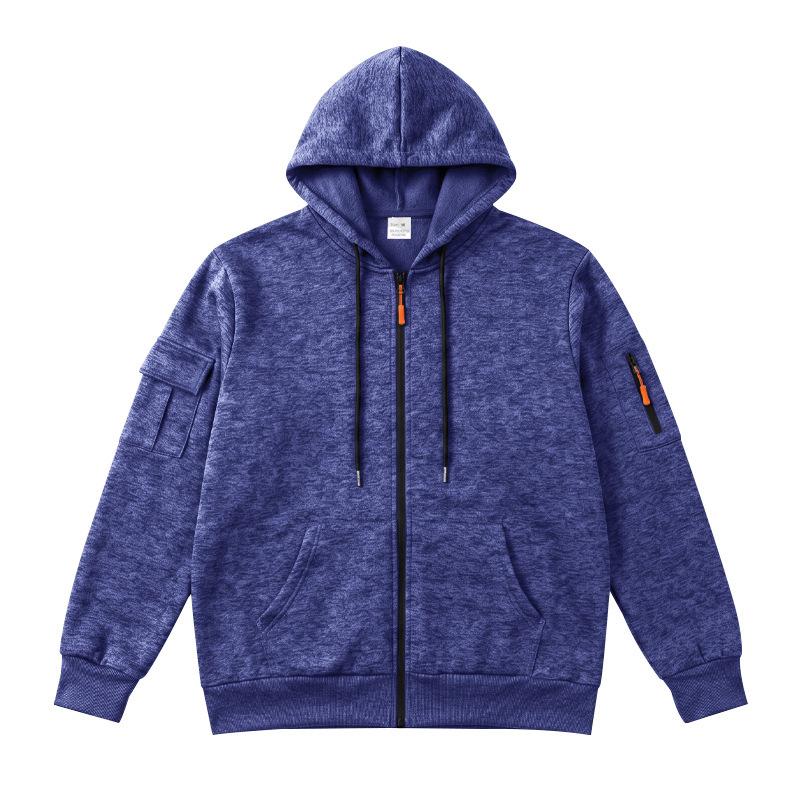 Men Heather Full Zip Hoodie Jacket, Drawstring Hood Long Sleeve Sweatshirt With Multi Arm Cargo Pockets Casual Outdoor Zip Up Hooded Coat