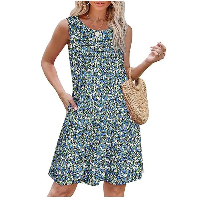 Women's Casual Crew-neck Pleated Sleeveless Print Pocket Dress