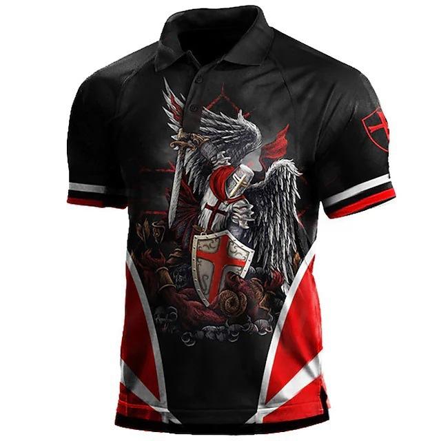 Short Sleeve Polo with Templar Knight Print, Cool Casual Fashion Top