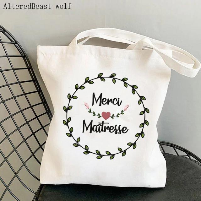 French Thank You Mistress Women Canvas Kawaii Shopping Shoulder Bag Merci Atsem Harajuku Bag Gift for Teacher Shoulder Bags