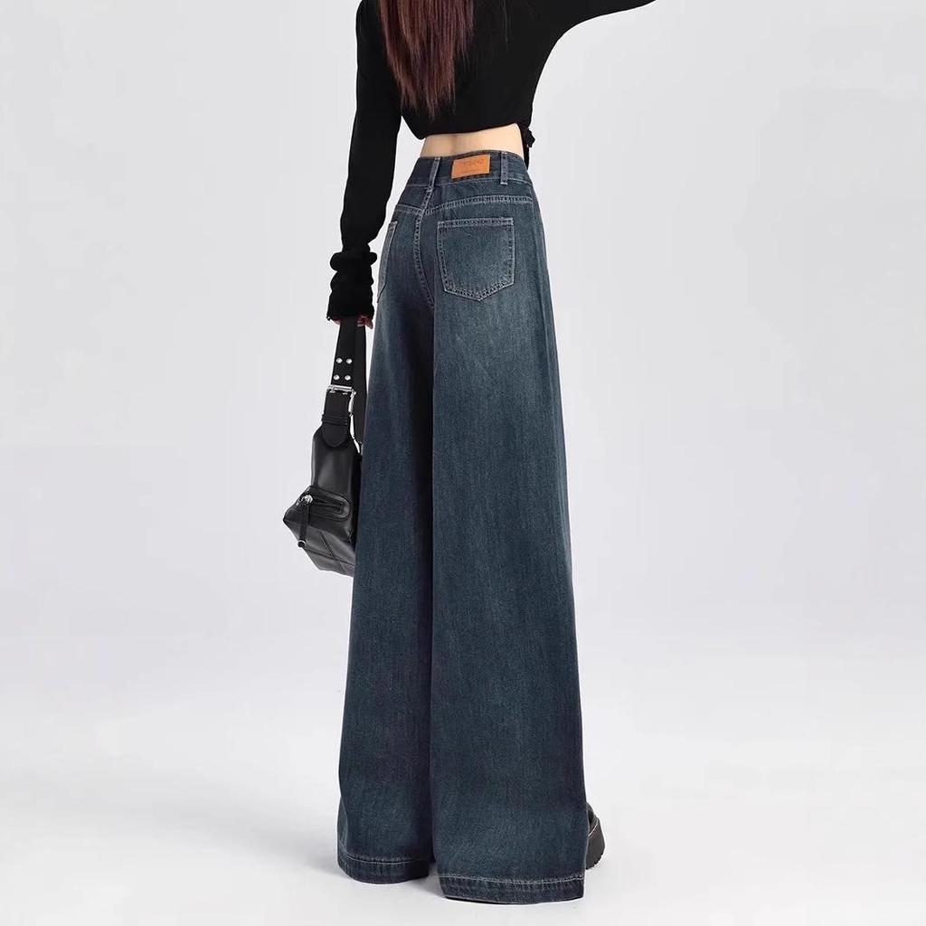 Women's High-Waist Wide-Leg Dark Blue Jeans - Retro, Slimming, Floor-Length, Spring/Autumn 2025 Collection