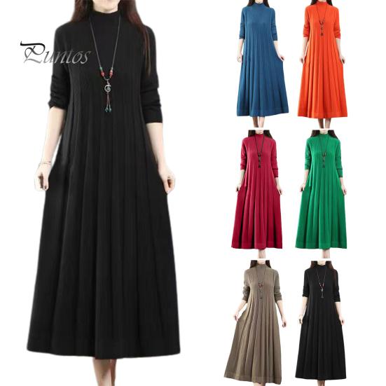 Winter Sweater Pleated Midi Dress Women Fall Knitted A-line Loose Hem Solid Color High Collar Autumn Neck Protection Thick Warm Long Sleeve