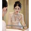 Fishtail Evening Dress Banquet   New Light Luxury Niche Host Annual Meeting Neck Shoulder Fringed Pearl Dress Skirt