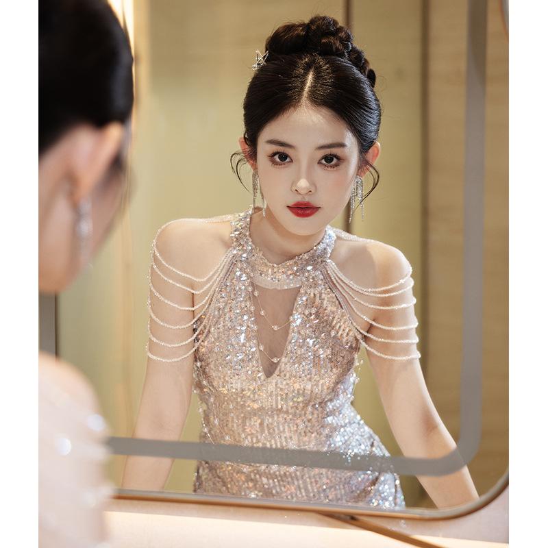 Fishtail Evening Dress Banquet   New Light Luxury Niche Host Annual Meeting Neck Shoulder Fringed Pearl Dress Skirt