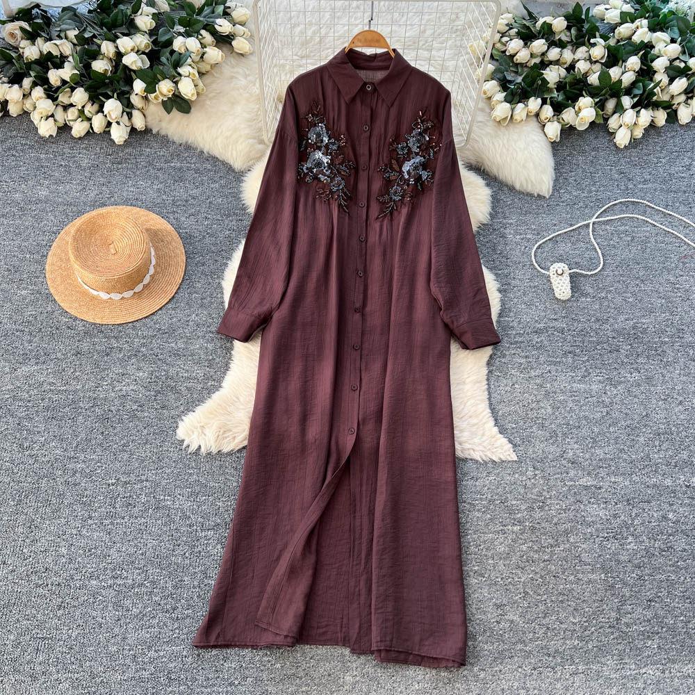 French retro three-dimensional flower embroidery red A-word dress women's autumn long-sleeved thin temperament long dress