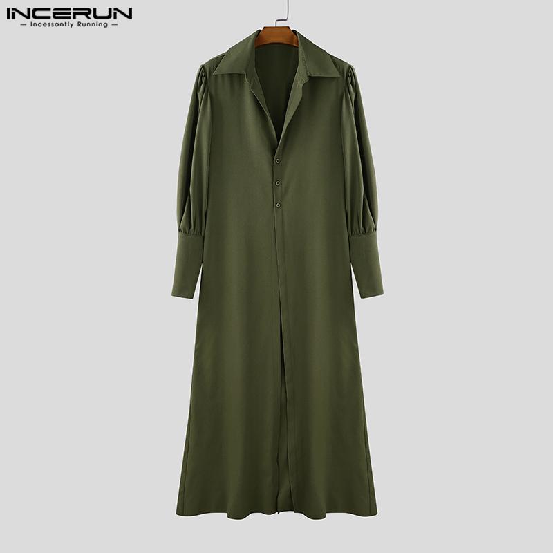 INCERUN Men Lapel Collar Long Puff Sleeve Buttons High Splits Long Shirts