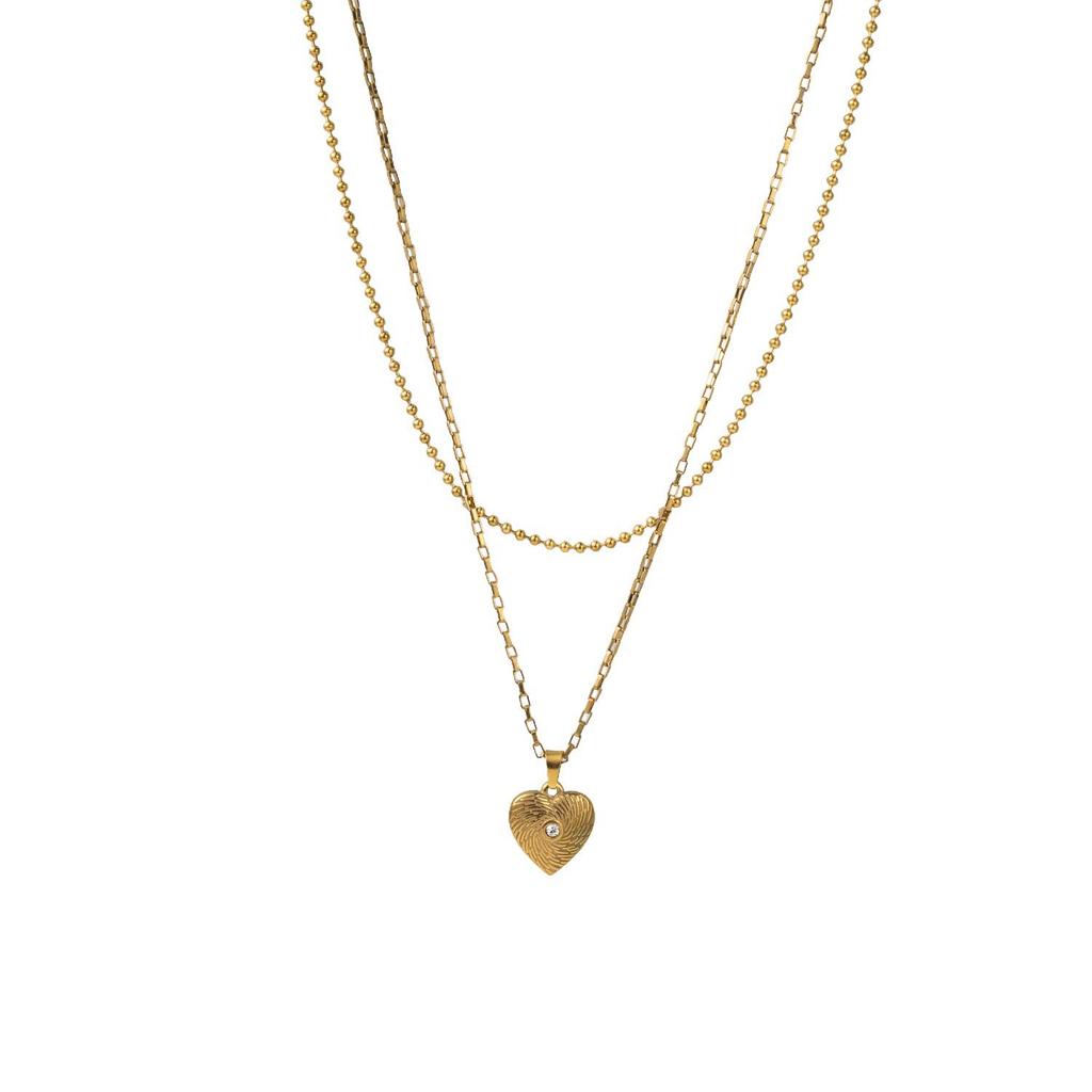 European and American Style Retro Titanium Double Layer Zircon Heart Necklace for Women