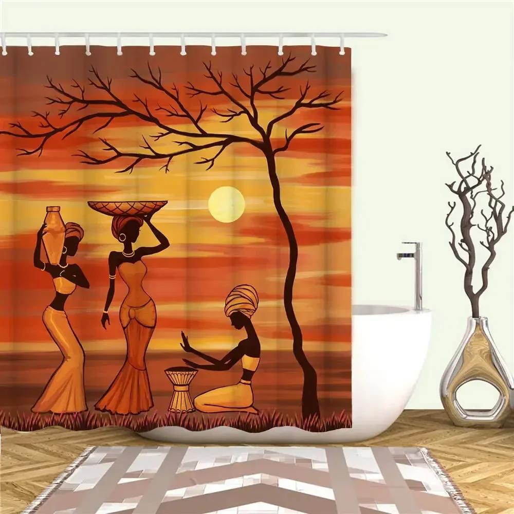 African Egyptian Women Shower Curtain with 12 Hooks African Girl Shower Curtain Waterproof Durable Afro Lady Shower Curtains Set