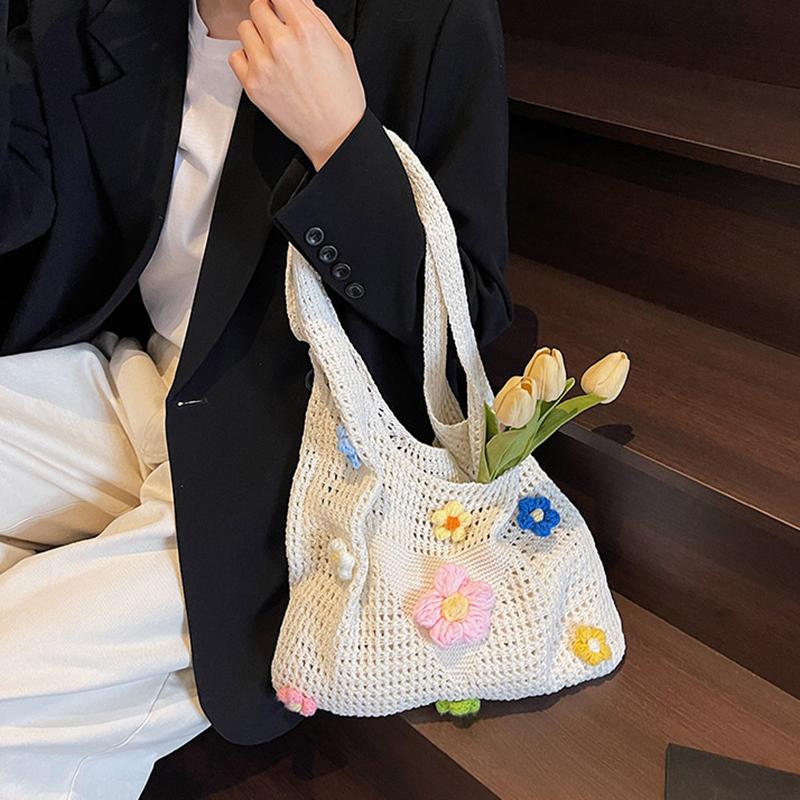 Crochet Mesh Beach Toted Bag,Bohemian Vacation Handbags Aesthetic Knit Shoulder Bag for Women Travel Bag KTB