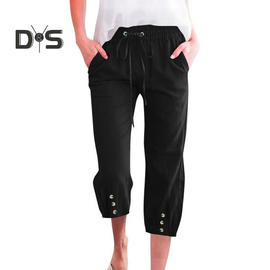 Women Cropped Pants Elastic Waist Adjustable Drawstring Casual Trousers with Pockets Sporty Loose Leg Design Mid-calf Pants