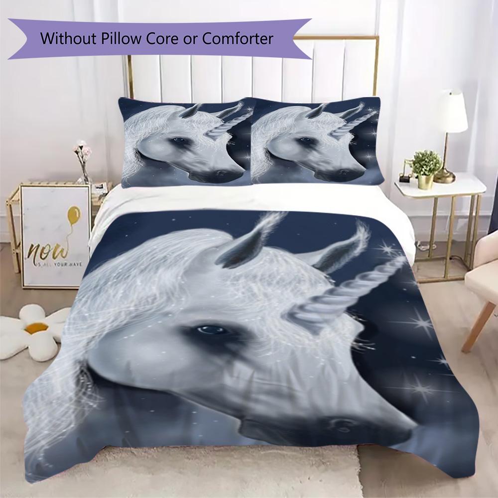 Pink Unicorn & Rose Print Bedding Set, Fantasy Duvet Cover Set (1 * Duvet Cover + 2 * Pillowcase, Without Core)