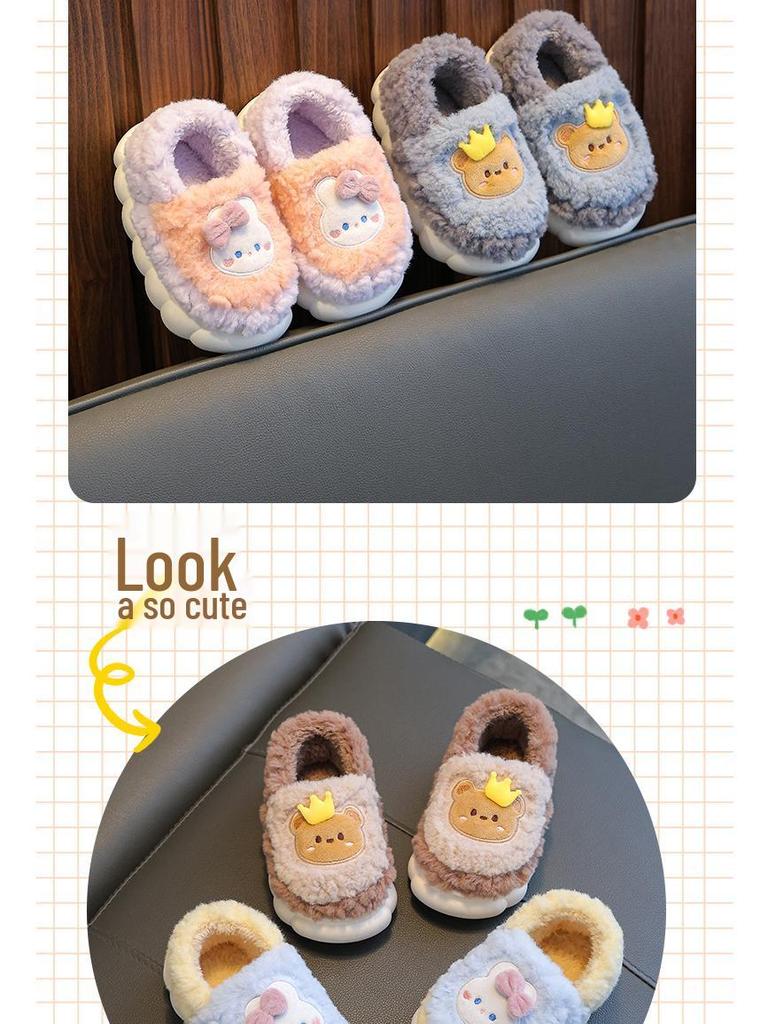 Winter Kids' Cotton Cartoon Slippers – Non-Slip, Plush, Closed-Back for Boys, Girls & Parent-Child Matching