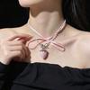 Sweet Girly Heart Pink Strawberry Bow Necklace Temperament Light Luxury High Sense Exquisite Beaded Neck Chain Collarbone Chain