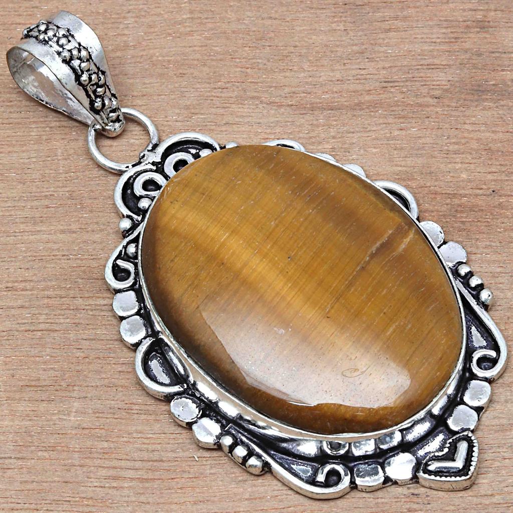 Pendant Tiger's Eye Gemstone Handicraft Valentine'Day Gift Silver Jewelry 2"
