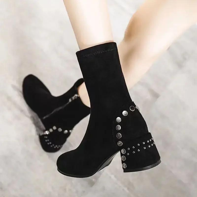 New In Autumn Ladies Mid Calf Shoes Elastic Women's Half High Boots Work Waterproof Trend 2025 Large Size Warm Sale On Offer Pu