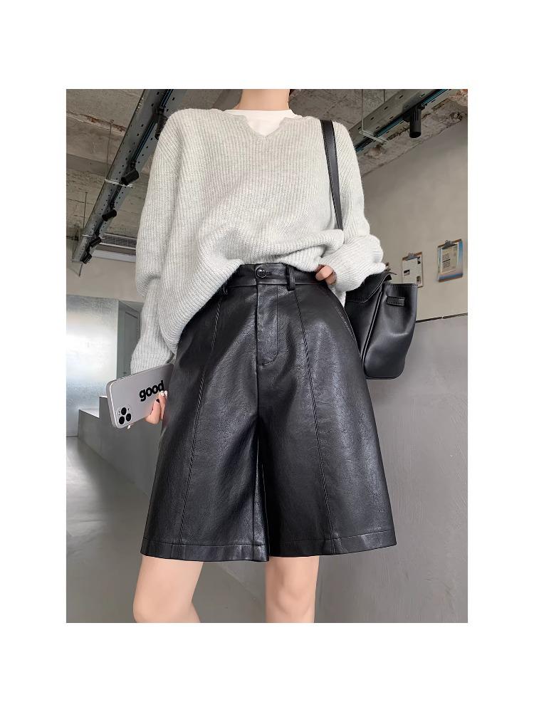 2025 Women's High Waist PU Washed Leather Bootcut Shorts - Mid-Length, Wide Leg, Loose Slimming Fit for Autumn/Winter