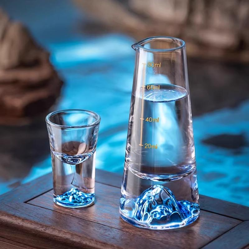 BRBlue Mountain Liquor Cup Transparent Glass Cup Wine Pot Set Wine Divider Drinking Utensils Wooden Frame Set Cups GlassesEY