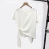 T-shirt à manches courtes et col rond pour femme, ourlet irrégulier, élastique, fin, couleur unie, pull ample, streetwear, été