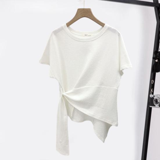 T-shirt à manches courtes et col rond pour femme, ourlet irrégulier, élastique, fin, couleur unie, pull ample, streetwear, été