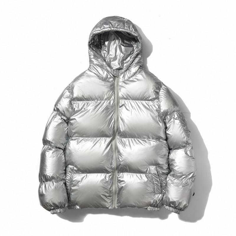 

Men s 2026 Reflective Hooded Cotton Jacket: Winter, Solid Color, Shiny, Loose Fit, Thickened Padding M серебряный