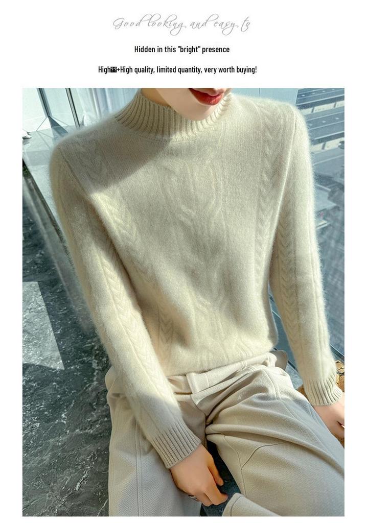2024 Women's Autumn/Winter Wool Sweater - Solid Color, Thick Knit, Half-High Collar, Long Sleeve, Cable Knit Base Layer