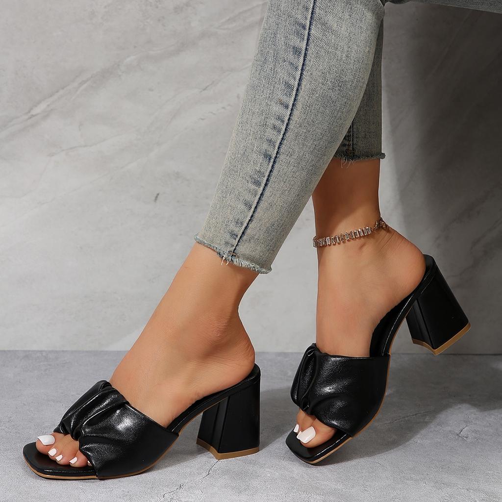 Fashion Concise Square Toe Slippers Women 2025 Summer Square High Heels Wrinkled Decoration Slides Women Slip On Plus Size Daily Shoes