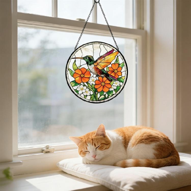 Flower Bird Patterned Stained Glass Sunlight Catcher Garden Decoration With Hanging Chain For Window Door Wall Display