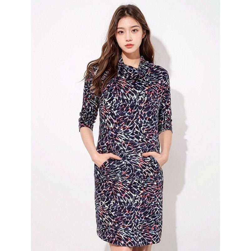 

24 Spring New Terry Cotton Sunset Glow Print Dress Long Sleeve Kangaroo Pocket Half Turtleneck Casual Skirt Fashion plus Size Sunset Print S