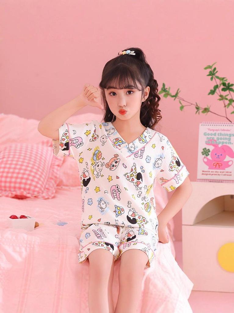 Girls' Summer Cloud Cotton Pajama Set - Short Sleeve V-Neck, Light Two-Piece Homewear