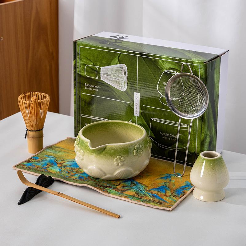 4-8pcs Cherry Blossom gradient pink Matcha Bowl with Matcha Whisk Set Japanese Tea Set Includes Matcha Bowl with Spout