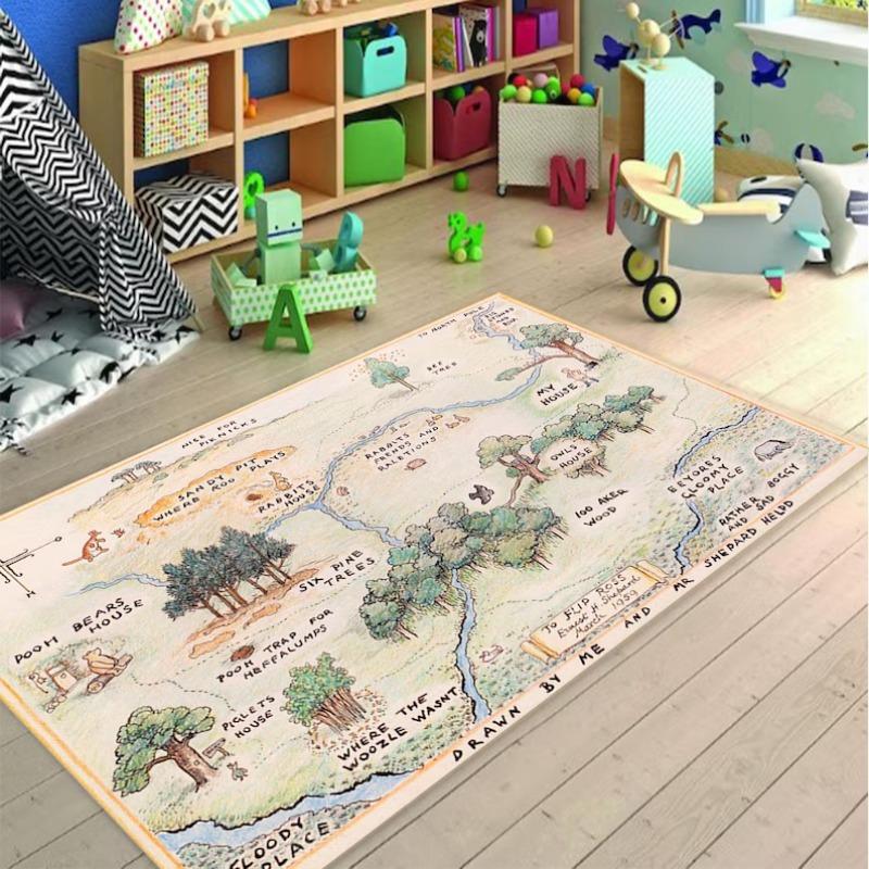 3D Hundred Acre Wood Map Carpet House Label Illustration on Green Rug, Interactive Storybook Floor Mat for Kids Playroom Fashion