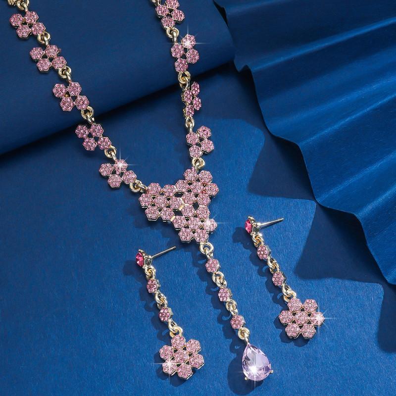 Elegant Alloy Bridal Jewelry Set Long Flower Tassel Earrings Zirconia Necklace Women