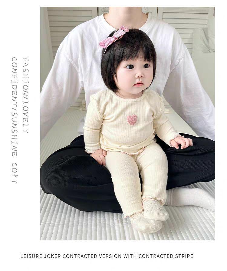 Embroidered Heart Long Johns Pajama Set for Baby Girls - Autumn Two-Piece Homewear