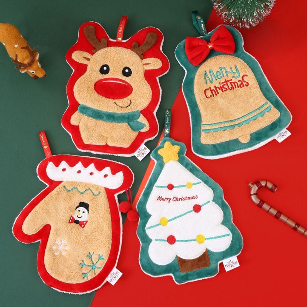 Thickened Christmas Hanging Hand Towels Soft Coral Velvet Plush Hand Towel Cartoon Absorbent Cleaning Towels Christmas Gifts