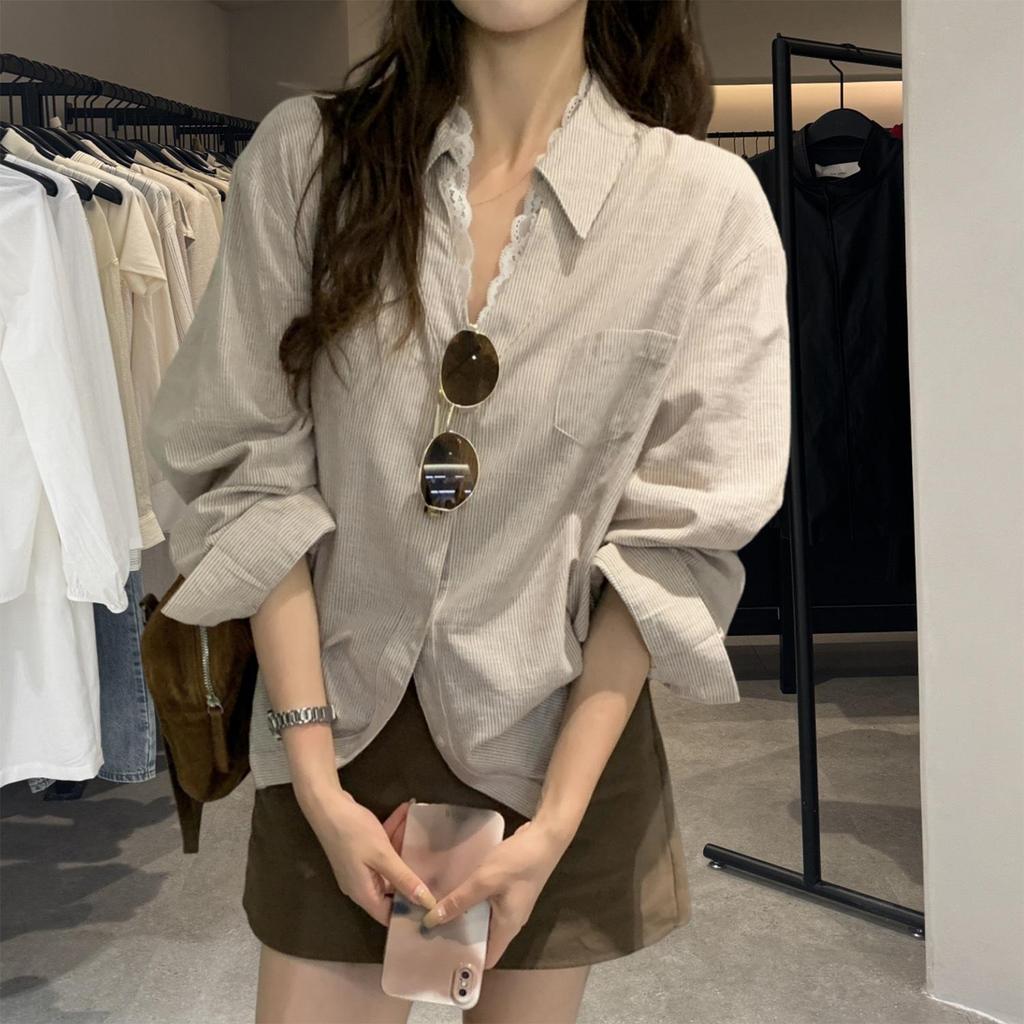 Korean Style V-Neck Lace Patchwork Blouse for Women - Autumn Edition
