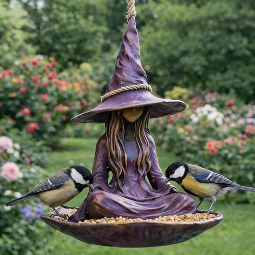 Resin Witch Statue Sparrow Feeding Station Weather-Resistant Hummingbird Feeder for Outdoor Garden Backyard Patio Yard Porch