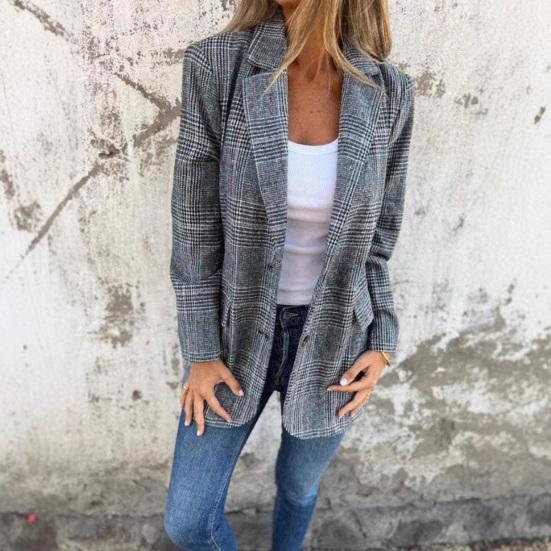 Women Fall Winter Plaid Jacket Button Closure Lapel Collar Mid-Length
