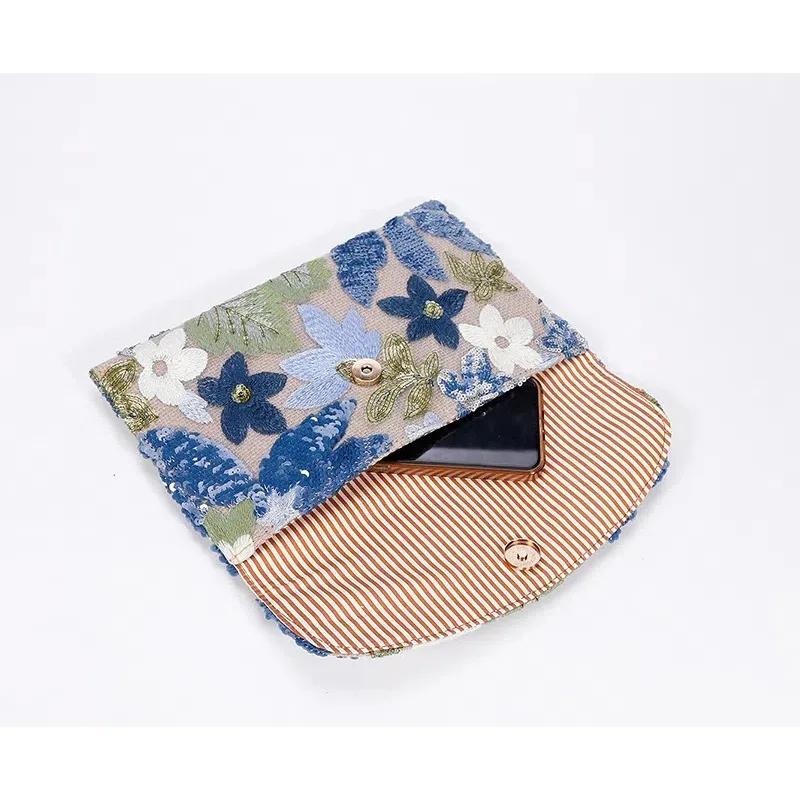 Ladies' Cotton and Linen Envelope Bag Sequin Embroidery & Floral Pattern Dual-Use as Evening Party Handbag & Daily Casual Wallet