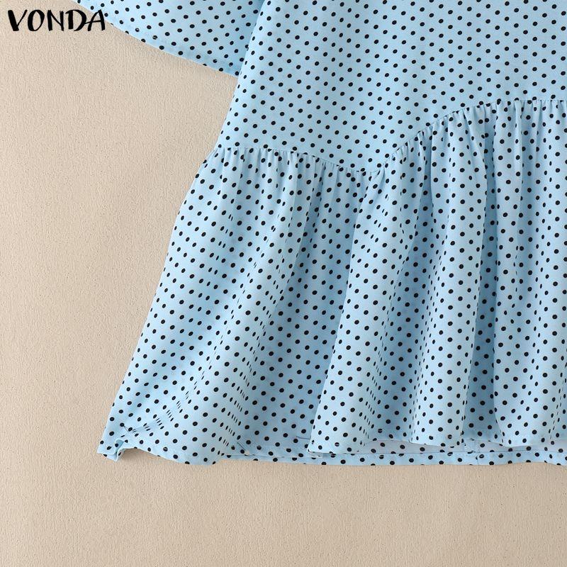 VONDA Summer Women Summer Laple Neck Splicing Polka Dot Short Sleeve Casual Blouse Tops