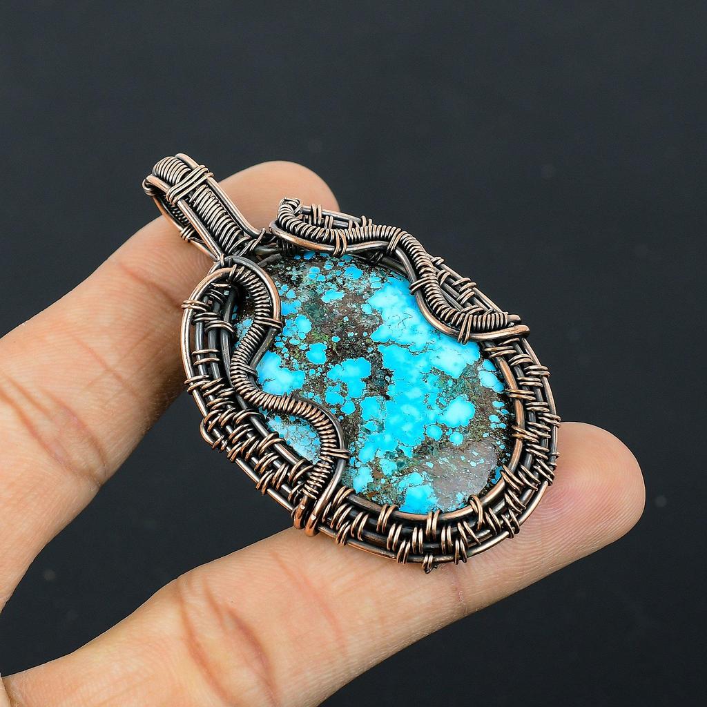 Tibetan Turquoise Pendant, 999 Copper Wire Wrapped Gemstone Jewelry, Handmade Pendant, For Thanksgiving