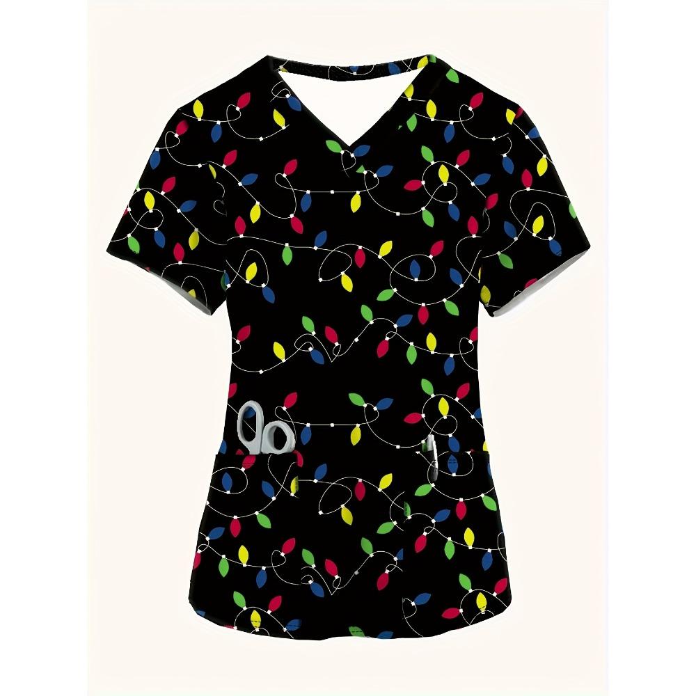 Surgical Uniforms Woman Women's Cute Cartoon Dog Print V-Neck Short Sleeve Top - Breathable Summer Shirt with Pockets