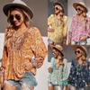 Women's Summer V Neck Printed Lantern Long Sleeve Loose Top