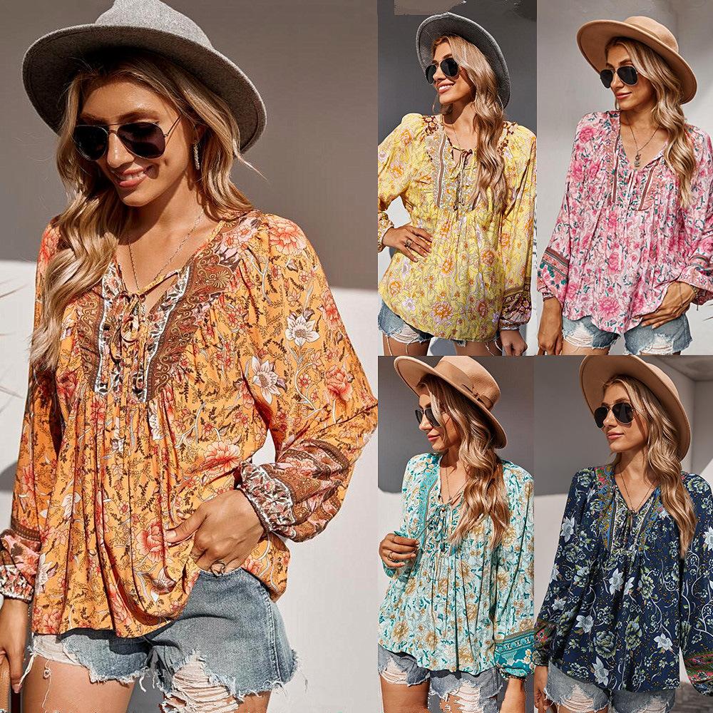 Women's Summer V Neck Printed Lantern Long Sleeve Loose Top
