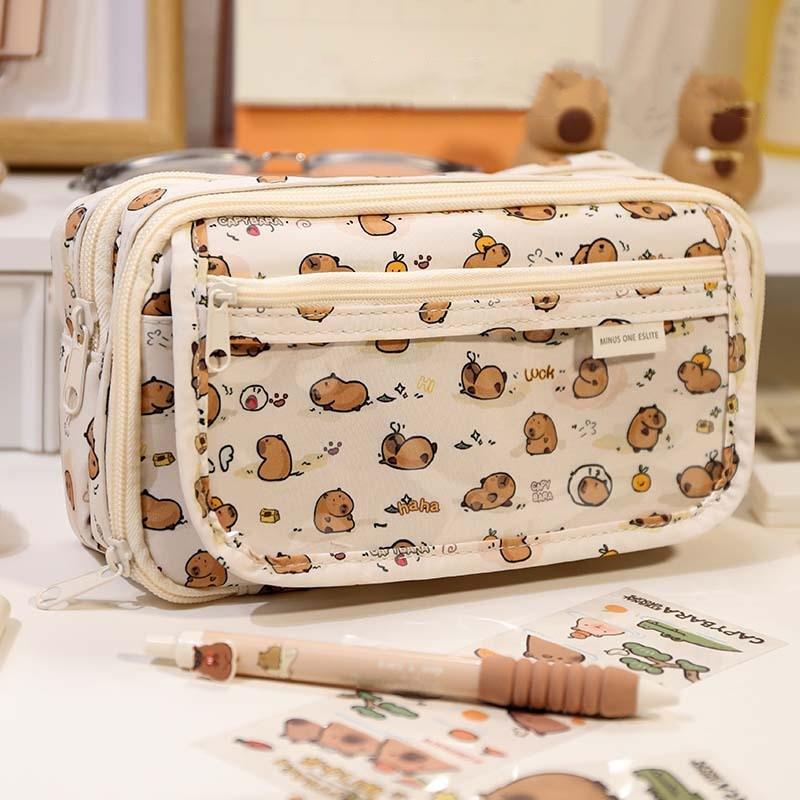 Flip Cover Pencil Bag Pen Case Transparent Front Multi Pocket Oxford Fabric Storage Pouch for Stationery