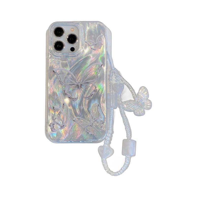 Feather Butterfly Apple 13 Laser Shell Pattern Hard Shell Iphone15 Bracelet 14 High end 16 Mobile Phone Case